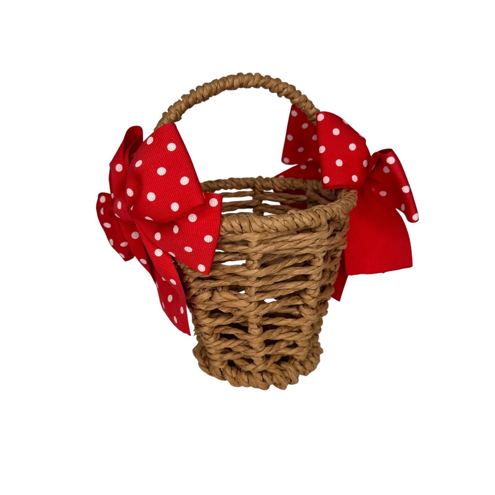 Cottagecore Decor Usable Woven Straw Mini Basket Oversized Red Polka Dot Bows